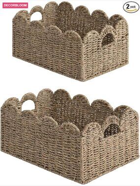 Scalloped Wicker Storage Basket Set of 2, Seagrass with Handles